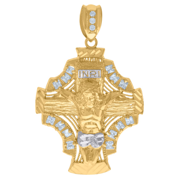 10kt Two-Tone Gold Mens Princess Cut Cubic-Zirconia Religious Inri Crucifix Charm Pendant