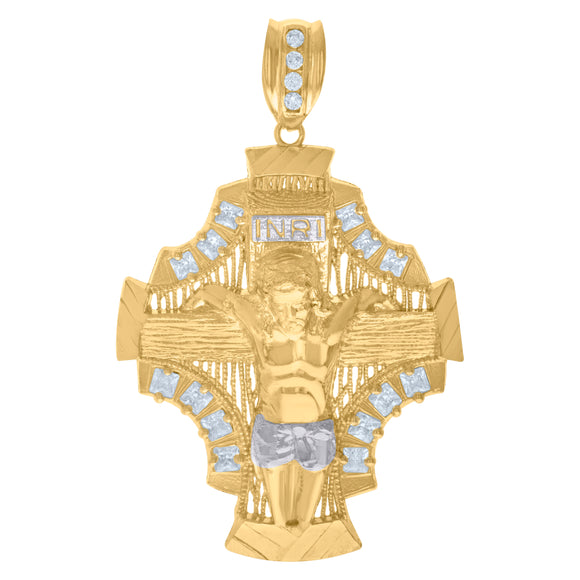 10kt Two-Tone Gold Mens Princess Cut Cubic-Zirconia Religious Inri Crucifix Charm Pendant