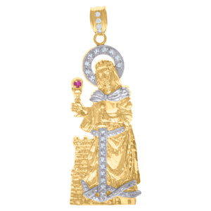 10kt Two-Tone Gold Mens White Purple Cubic-Zirconia Religious Saint Barbara Charm Pendant