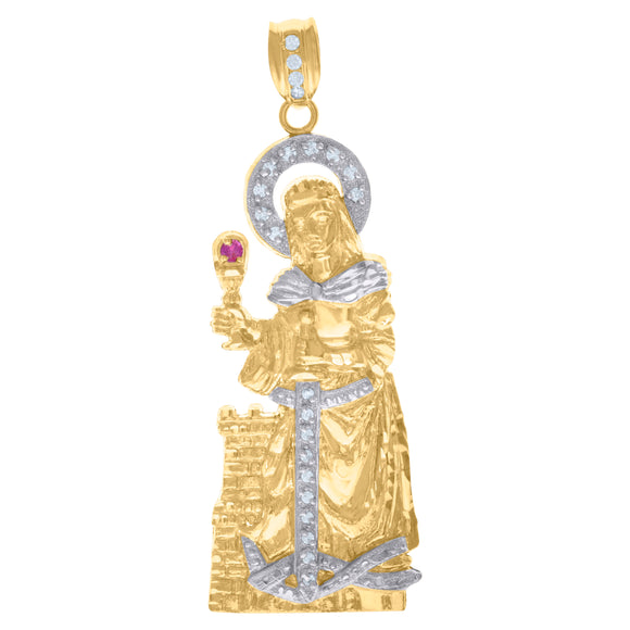 10kt Two-Tone Gold Mens White Purple Cubic-Zirconia Religious Saint Barbara Charm Pendant