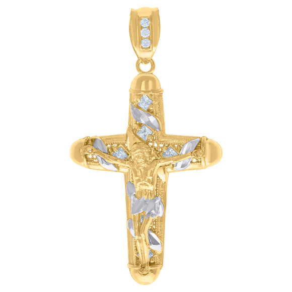 10kt Two-Tone Gold Mens Princess Cut Cubic-Zirconia Religious Cross Crucifix Charm Pendant