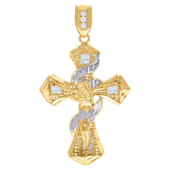 10kt Two-Tone Gold Mens Princess Cut Cubic-Zirconia Religious Cross Crucifix Charm Pendant