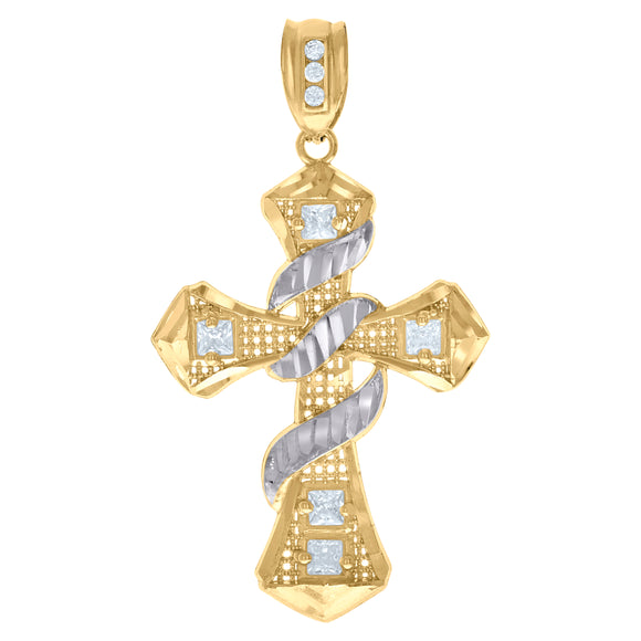 10kt Two-Tone Gold Mens Princess Cut Cubic-Zirconia Religious Cross Charm Pendant