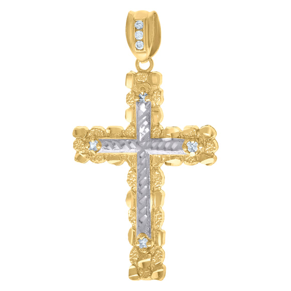 10kt Two-Tone Gold Mens Cubic-Zirconia Religious Cross Charm Pendant