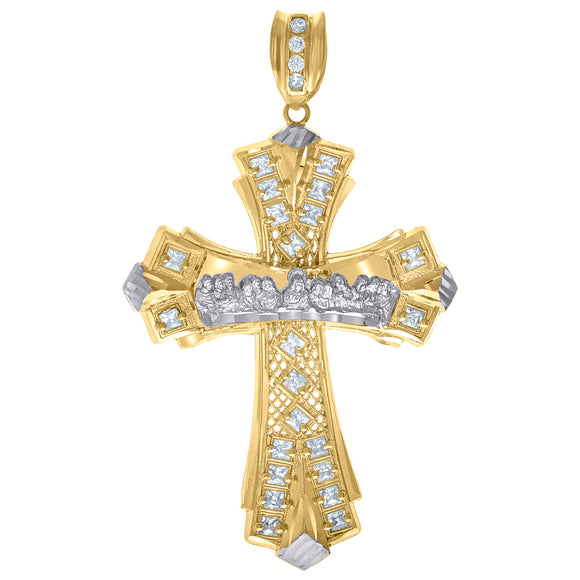 10kt Two-Tone Gold Mens Princess Cut Cubic-Zirconia Religious Cross Last Supper Charm Pendant