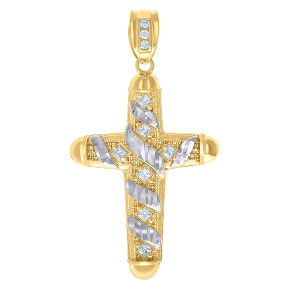 10kt Two-Tone Gold Mens Princess Cut Cubic-Zirconia Religious Cross Charm Pendant