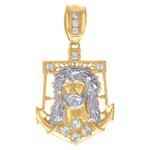 10kt Two-Tone Gold Mens Princess Cut Cubic-Zirconia Religious Jesus Anchor Charm Pendant