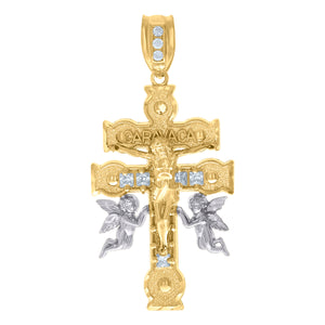 10kt Two-Tone Gold Mens Princess Cut Cubic-Zirconia Religious Caravaca Cross Crucifix Charm Pendant