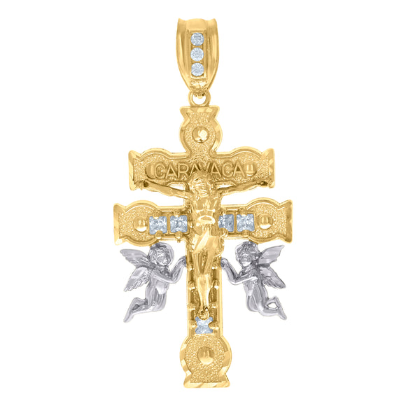 10kt Two-Tone Gold Mens Princess Cut Cubic-Zirconia Religious Caravaca Cross Crucifix Charm Pendant