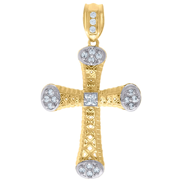 10kt Two-Tone Gold Mens Princess Cut Cubic-Zirconia Religious Cross Charm Pendant