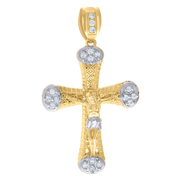 10kt Two-Tone Gold Mens Cubic-Zirconia Religious Cross Crucifix Charm Pendant