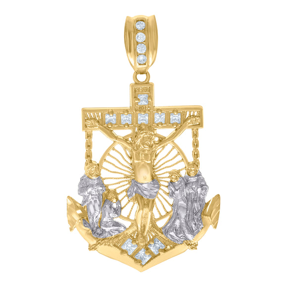 10kt Two-Tone Gold Mens Princess Cut Cubic-Zirconia Religious Crucifix Anchor Charm Pendant