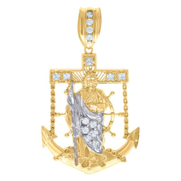10kt Two-Tone Gold Mens Princess Cut Cubic-Zirconia Religious Saint Jude Charm Pendant