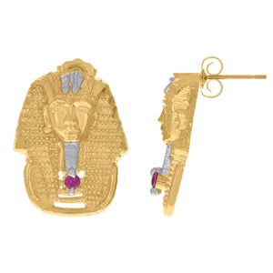 10Kt Two-Tone Gold Mens Pink Cubic-Zirconia Egyptian Pharaoh Stud Earrings