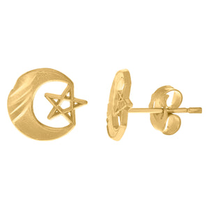 10Kt Yellow Gold Mens Celestial Moon & Star Stud Earrings