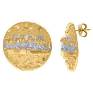 10Kt Two-Tone Gold Mens Religious Last Supper Stud Earrings