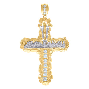 10kt Two-Tone Gold Mens Princess Cut Cubic-Zirconia Religious Cross Last Supper Charm Pendant