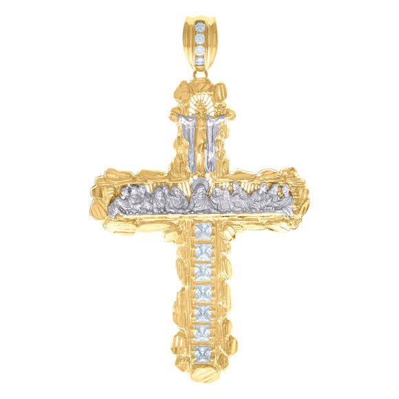 10kt Two-Tone Gold Mens Princess Cut Cubic-Zirconia Religious Cross Last Supper Charm Pendant