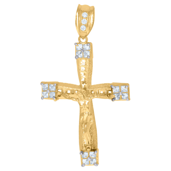 10kt Two-Tone Gold Mens Princess Cut Cubic-Zirconia Religious Cross Crucifix Charm Pendant
