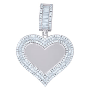 925 Sterling Silver Womens Round Baguette Cubic-Zirconia Heart Picture/Memory Frame Charm Pendant