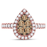 14kt Rose Gold Womens Round Brown Diamond Teardrop Cluster Ring 1 Cttw