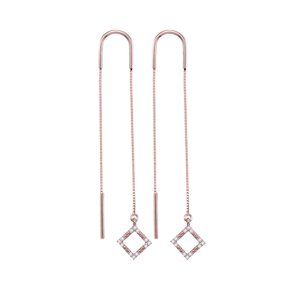 10kt Rose Gold Womens Round Diamond Diagonal Square Dangle Threader Earrings 1/10 Cttw