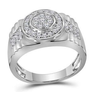 10kt White Gold Mens Round Diamond Ribbed Circle Cluster Ring 7/8 Cttw