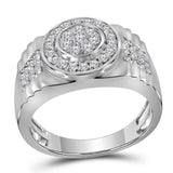 10kt White Gold Mens Round Diamond Ribbed Circle Cluster Ring 7/8 Cttw