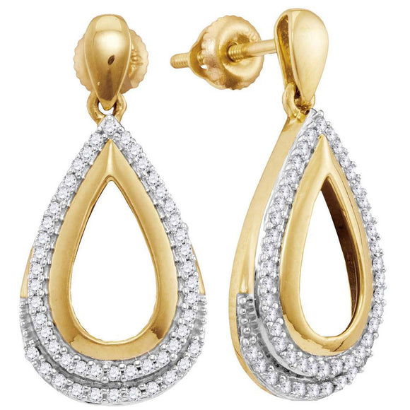 10kt Yellow Gold Womens Round Diamond Teardrop Dangle Earrings 1/4 Cttw