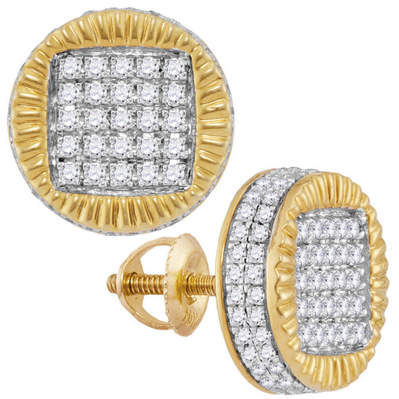 10kt Yellow Gold Mens Round Diamond Fluted Circle Stud Earrings 3/4 Cttw