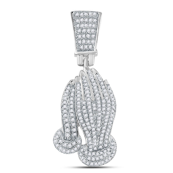 10kt White Gold Mens Round Diamond Praying Hands Charm Pendant 3/8 Cttw