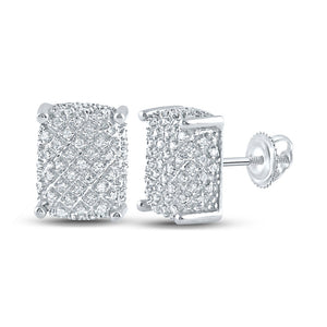 10kt White Gold Mens Round Diamond Rectangle Cluster Earrings 1/3 Cttw
