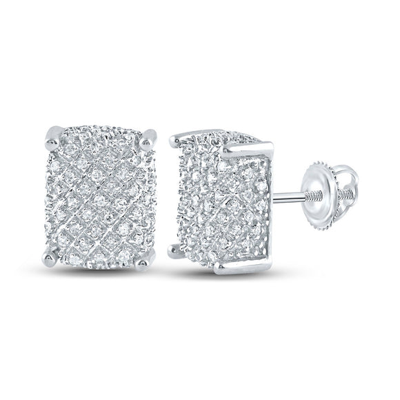 10kt White Gold Mens Round Diamond Rectangle Cluster Earrings 1/3 Cttw