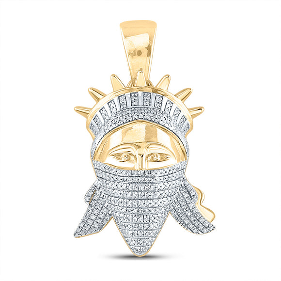 10kt Yellow Gold Mens Round Diamond Lady Liberty Face Charm Pendant 5/8 Cttw