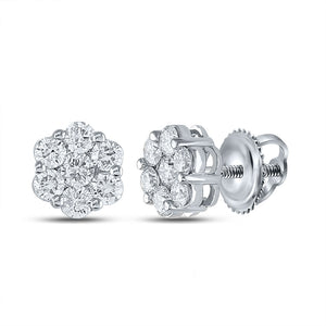 14kt White Gold Womens Round Diamond Flower Cluster Earrings 1-1/2 Cttw