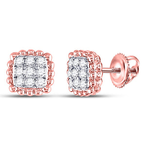10kt Rose Gold Womens Round Diamond Beaded Square Frame Cluster Earrings 1/4 Cttw