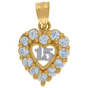 10kt Two-tone Gold Womens Cubic Zirconia Cubic-zirconia Sweet 15 Heart Charm Pendant