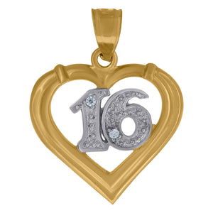 10kt Gold Two-tone Cubic-zirconia Womens Sweet Sixteen Ht:23.7mm x W:19.2mm Heart Charm Pendant