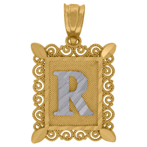 10kt Two-tone Gold Unisex Diamond-cut Initial R Charm Pendant