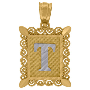 10kt Two-tone Gold Unisex Diamond-cut Initial T Charm Pendant