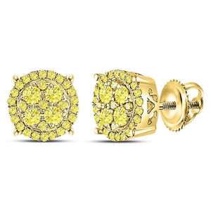 10kt Yellow Gold Womens Round Canary Diamond Concentric Cluster Stud Earrings 3/4 Cttw