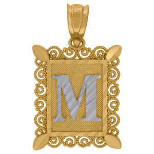 10kt Two-tone Gold Unisex Diamond-cut Initial M Charm Pendant
