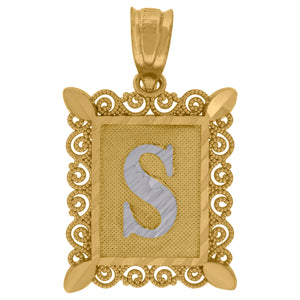 10kt Gold Two-tone Diamond-cut Unisex Letter S Ht:25.1mm x W:15.7mm Initial Charm Pendant