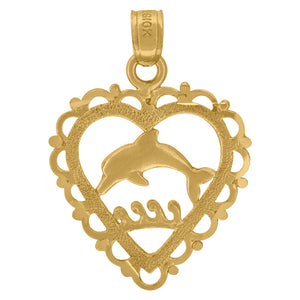 10kt Yellow Gold Womens Dolphin Heart Ht:26.4mm x W:18.2mm Animal Charm Pendant