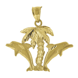 10kt Yellow Gold Womens Hawaiian Palm Tree Double Dolphin Ht:31.4mm x W:33.1mm Animal Charm Pendant