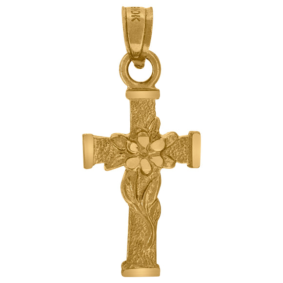 10kt Yellow Gold Mens Women Textured Flower Cross Religious Charm Pendant