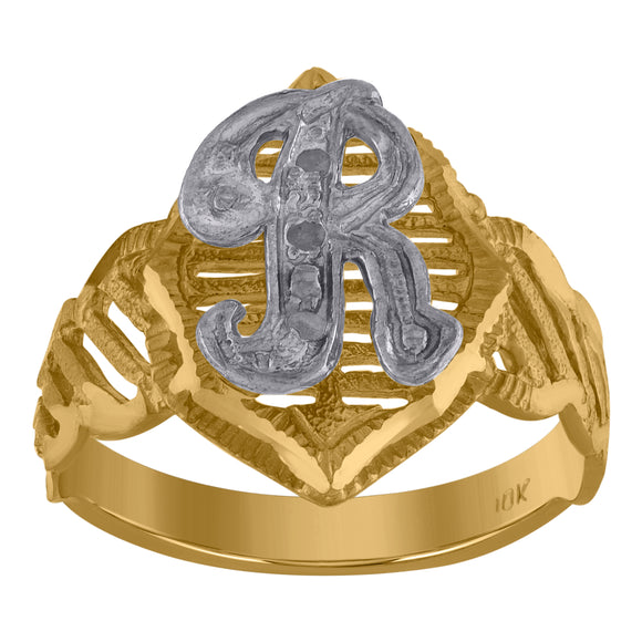10kt Two-tone Gold Unisex Cubic Zirconia DC Textured Initial Letter R Ring