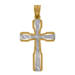 10kt Two-tone Gold Unisex Diamond-cut Textured Cross Religious Charm Pendant