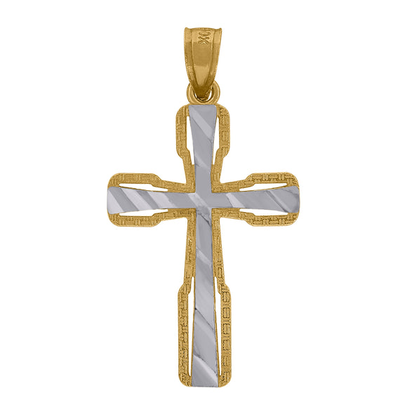 10kt Two-tone Gold Unisex Diamond-cut Textured Cross Religious Charm Pendant
