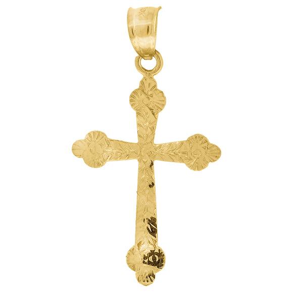 10kt Yellow Gold Mens Women Textured Budded Cross Religious Charm Pendant